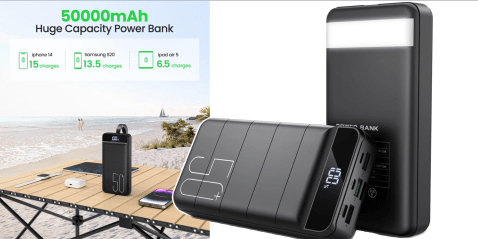 A black power bank on a beach