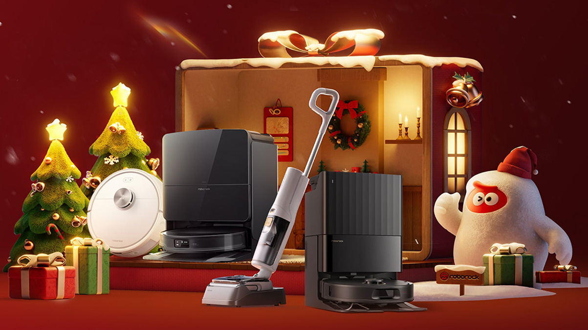 A group of vacuums and a christmas tree