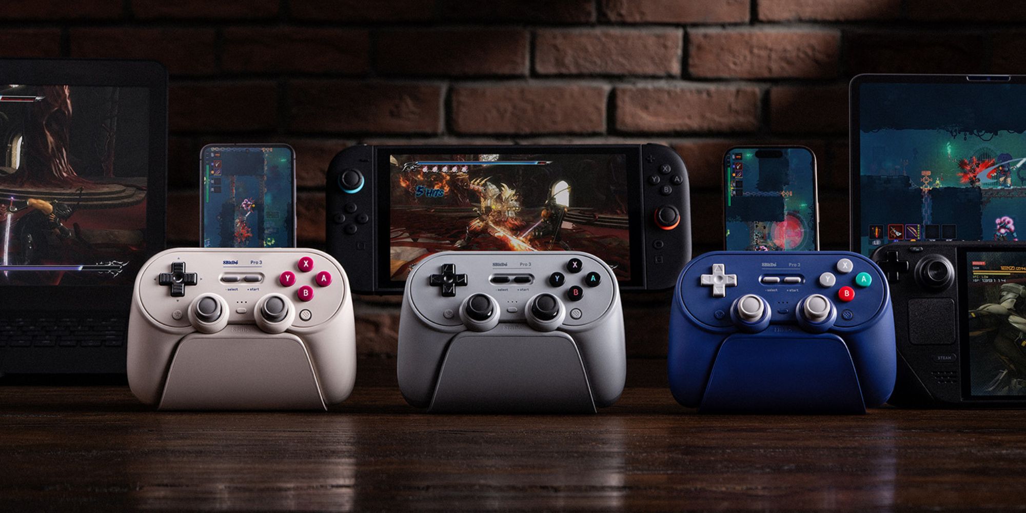 Image showing 8BitDo's Pro 3 gamepad in three colors.