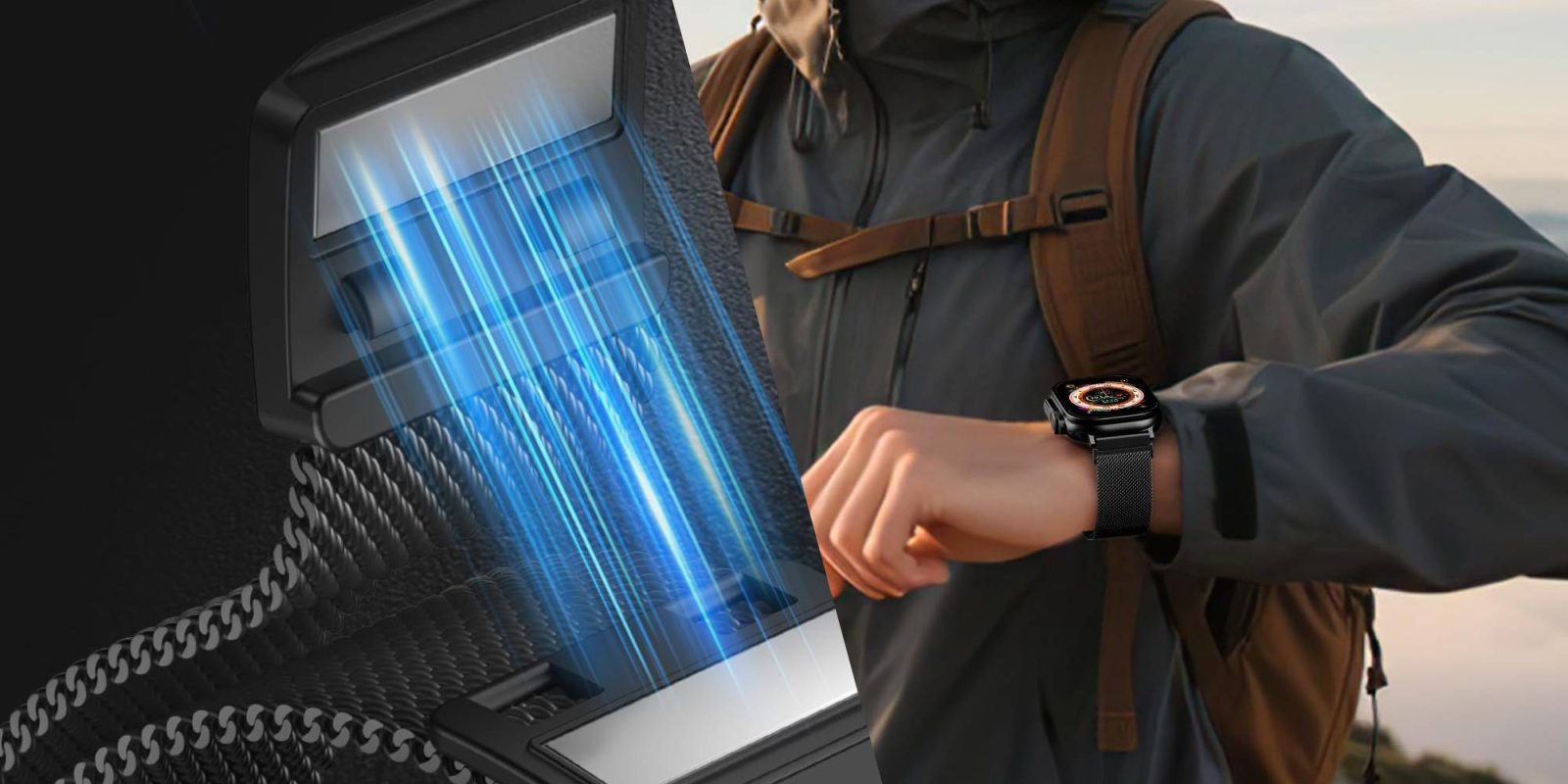 A person wearing a backpack and a watch