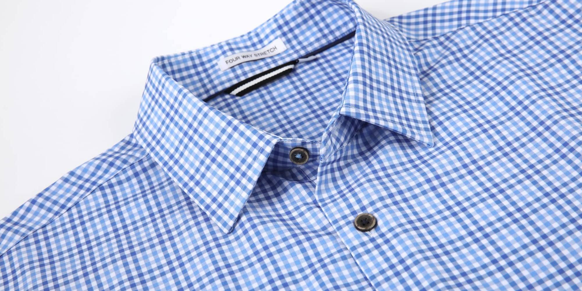 A close up of a blue and white checkered shirt