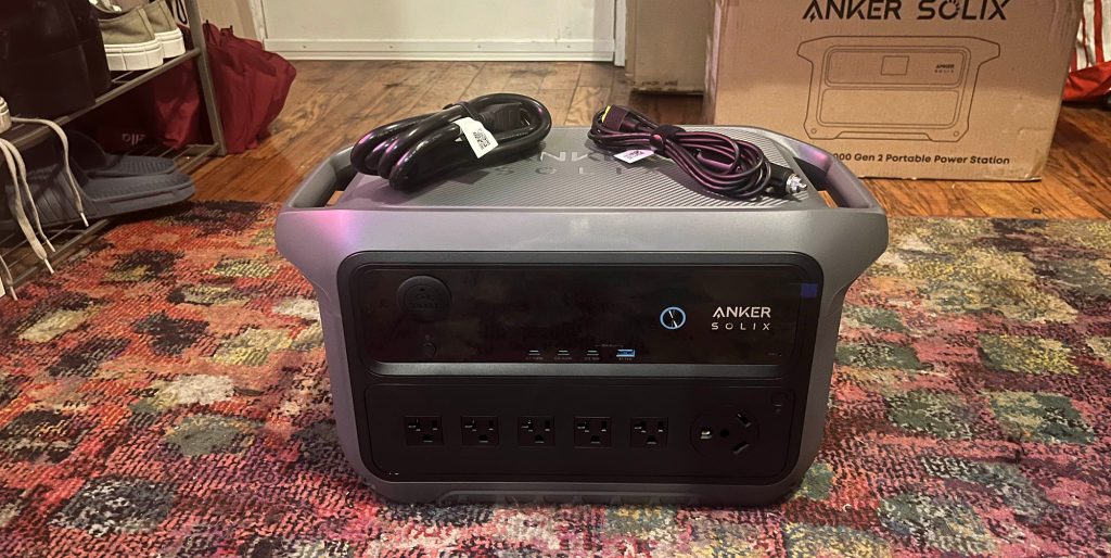 A power strip on a carpet