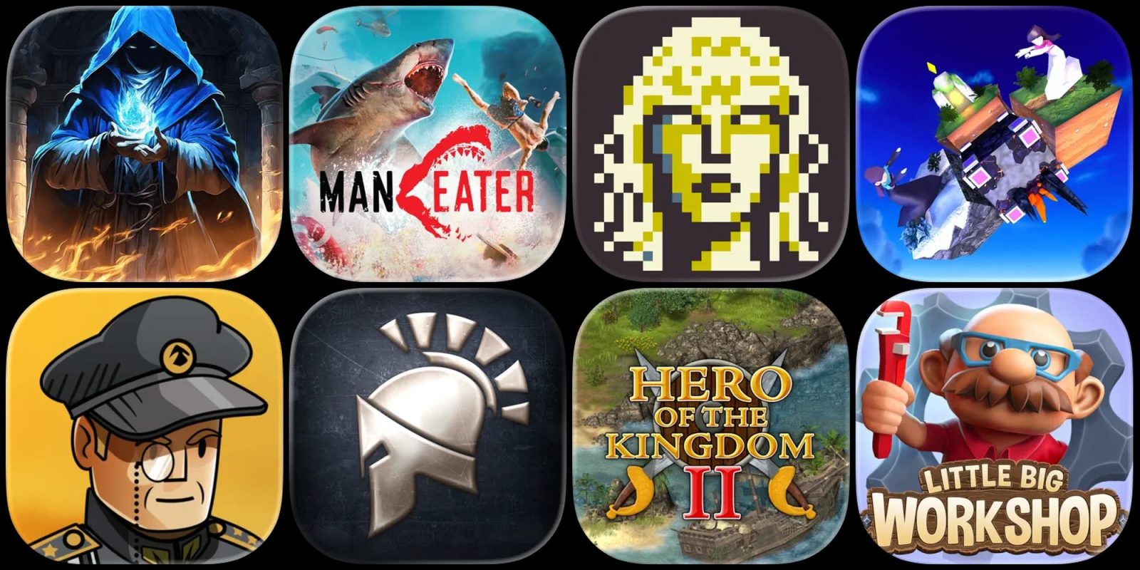 A group of square icons with images of a shark and a warrior