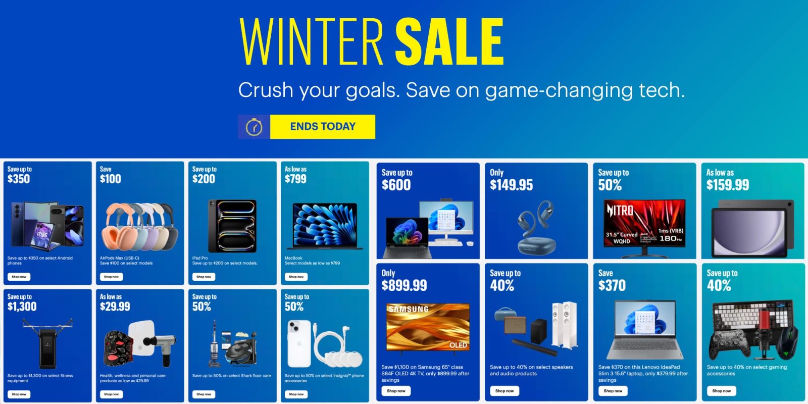 A blue advertisement with white text and blue text