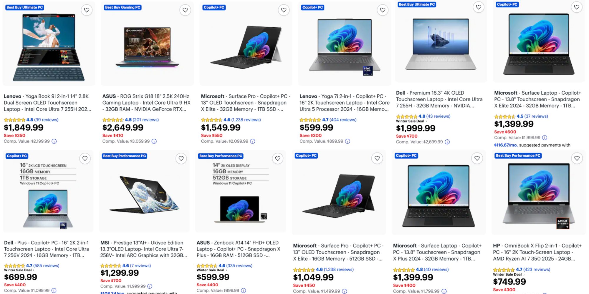 Image showing listings from Best Buy Copilot+ PC winter sale.