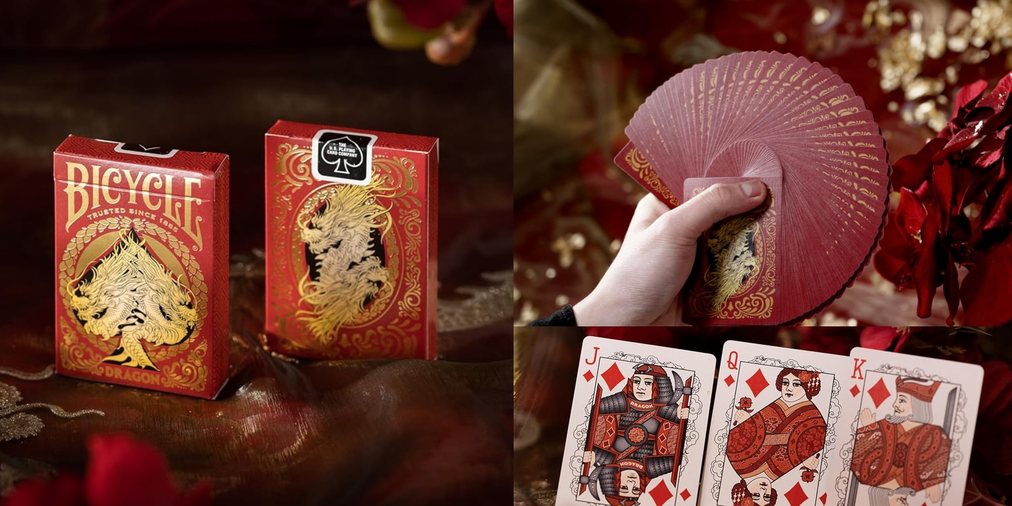 A collage of cards and a hand holding a deck of cards