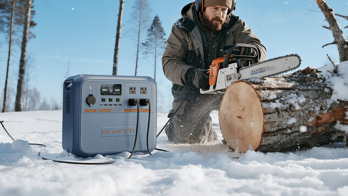 A man with a chainsaw and a log in the snow