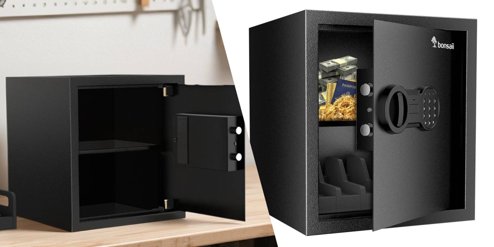 A black safe with a door open and a black box with a screen and a black box with a screen and a black box with a screen and a black box with a screen and a black box