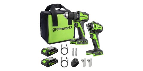 A green and black cordless drill and a bag