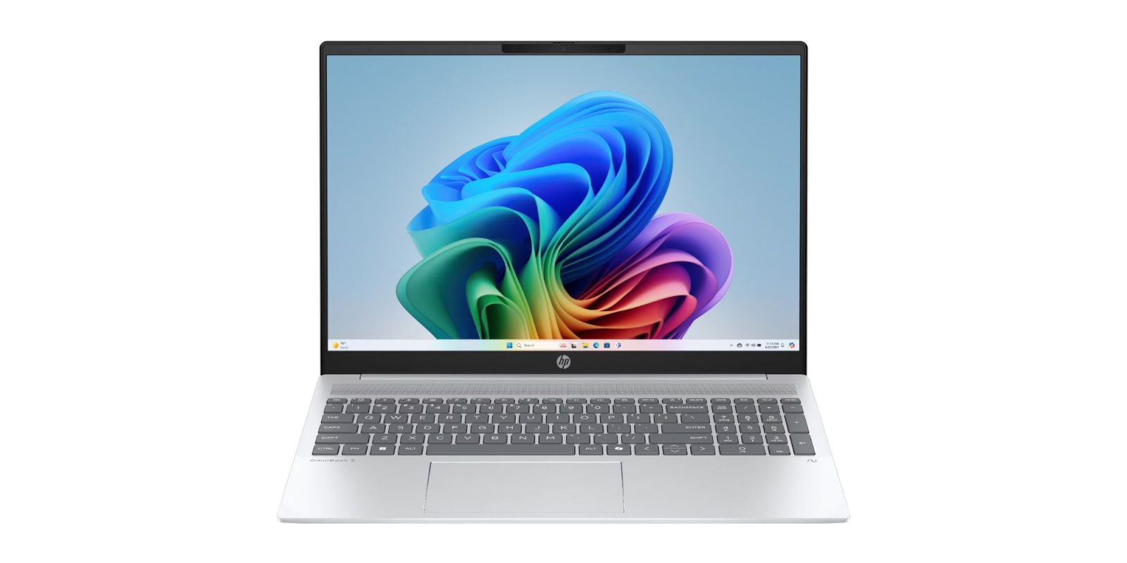 A laptop with a colorful logo on the screen