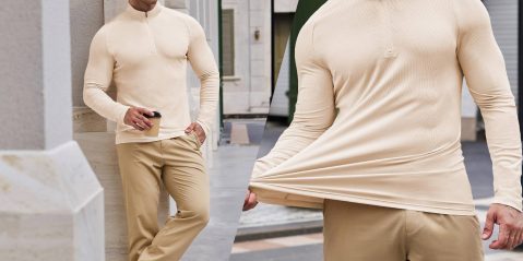 A collage of a man wearing a beige shirt