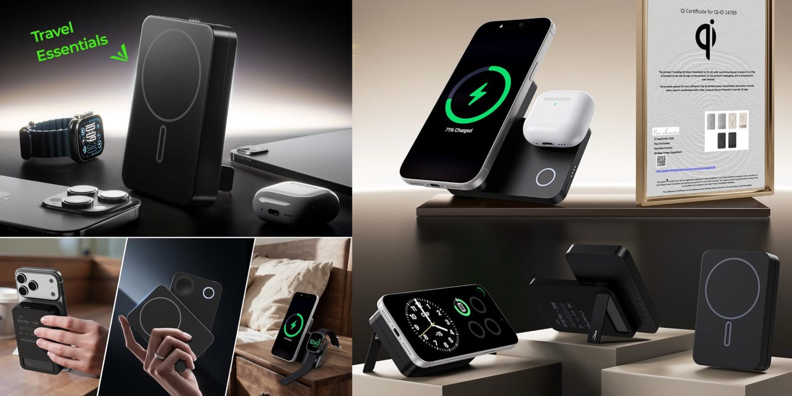 A collage of a smart phone and a charger