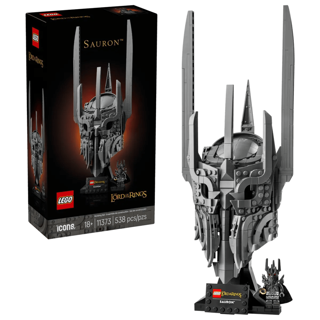 A toy box and a model of LEGO Sauron's Helmet