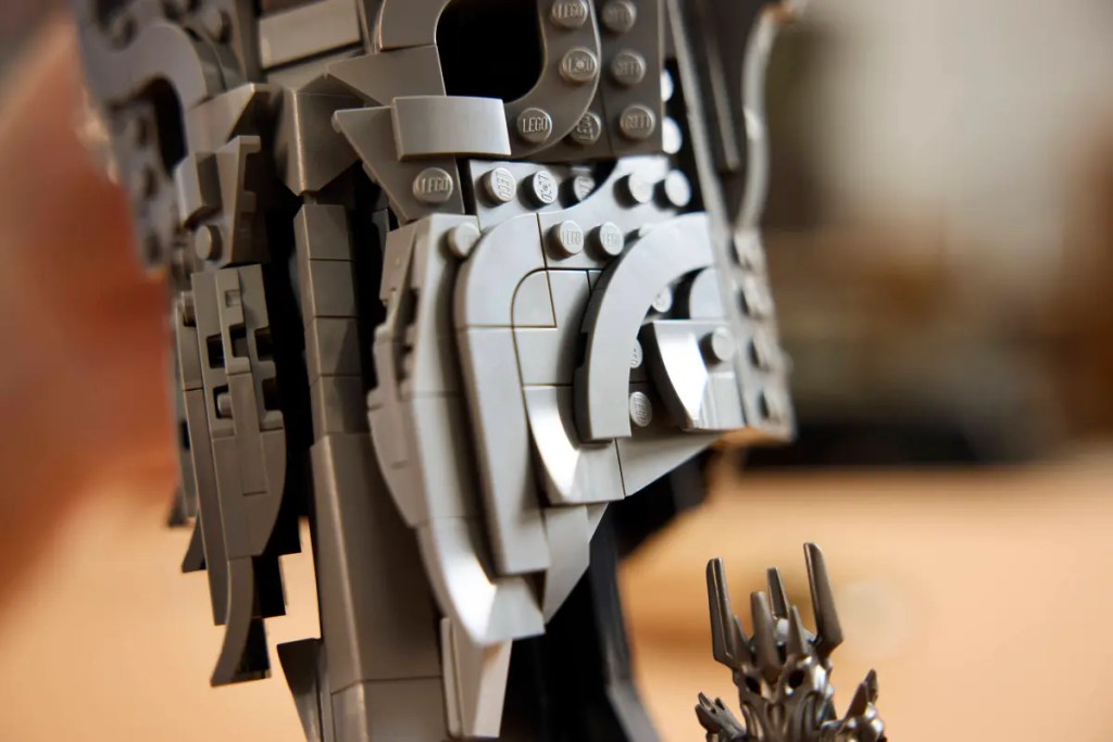 A close up of LEGO Sauron's Helmet