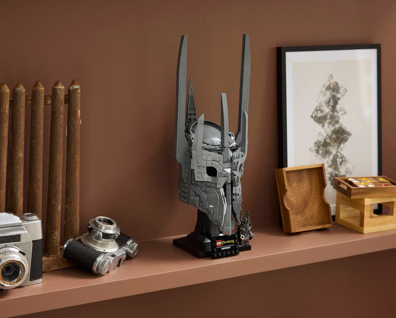 A shelf with LEGO Sauron's Helmet