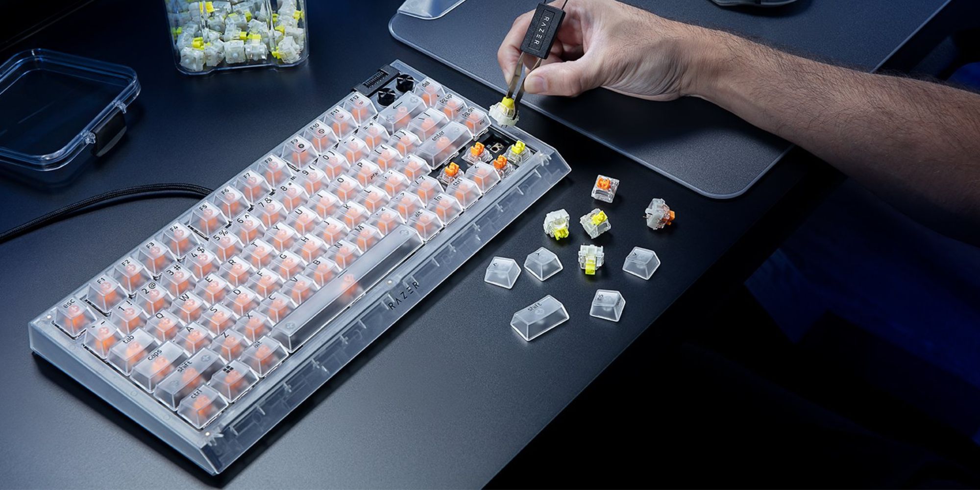 Image showing a person using Razer's BlackWidow V4 75% Phantom White keyboard.