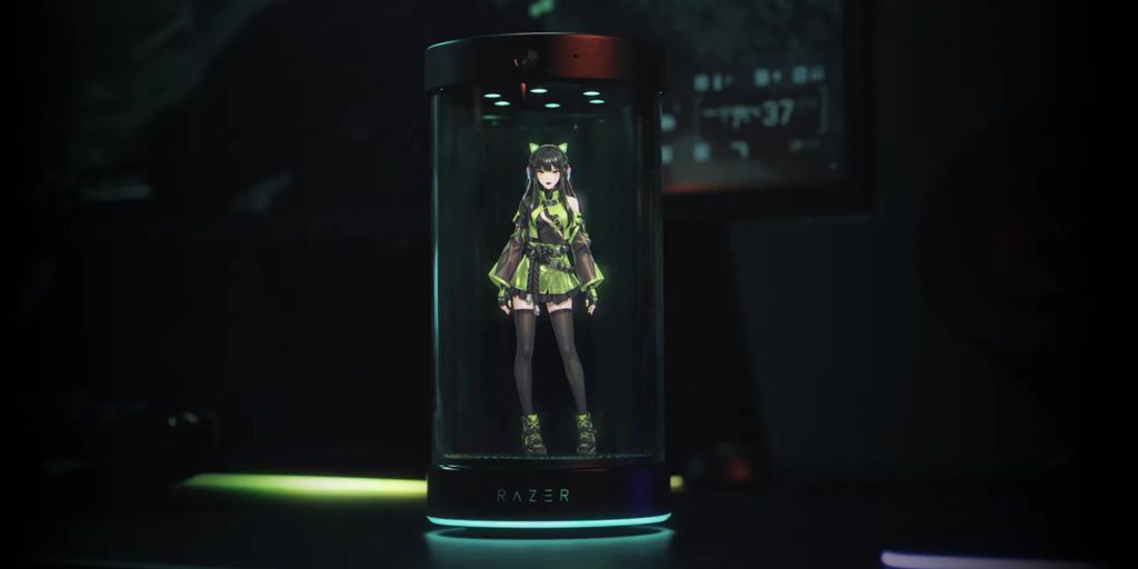 A cartoon character in a glass container