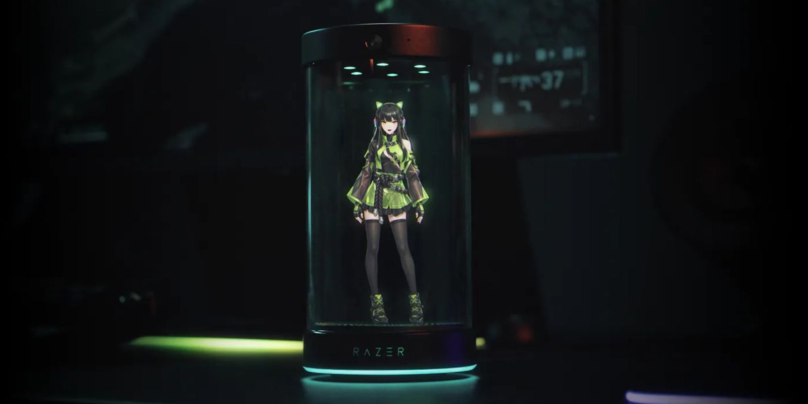 A cartoon character in a glass container