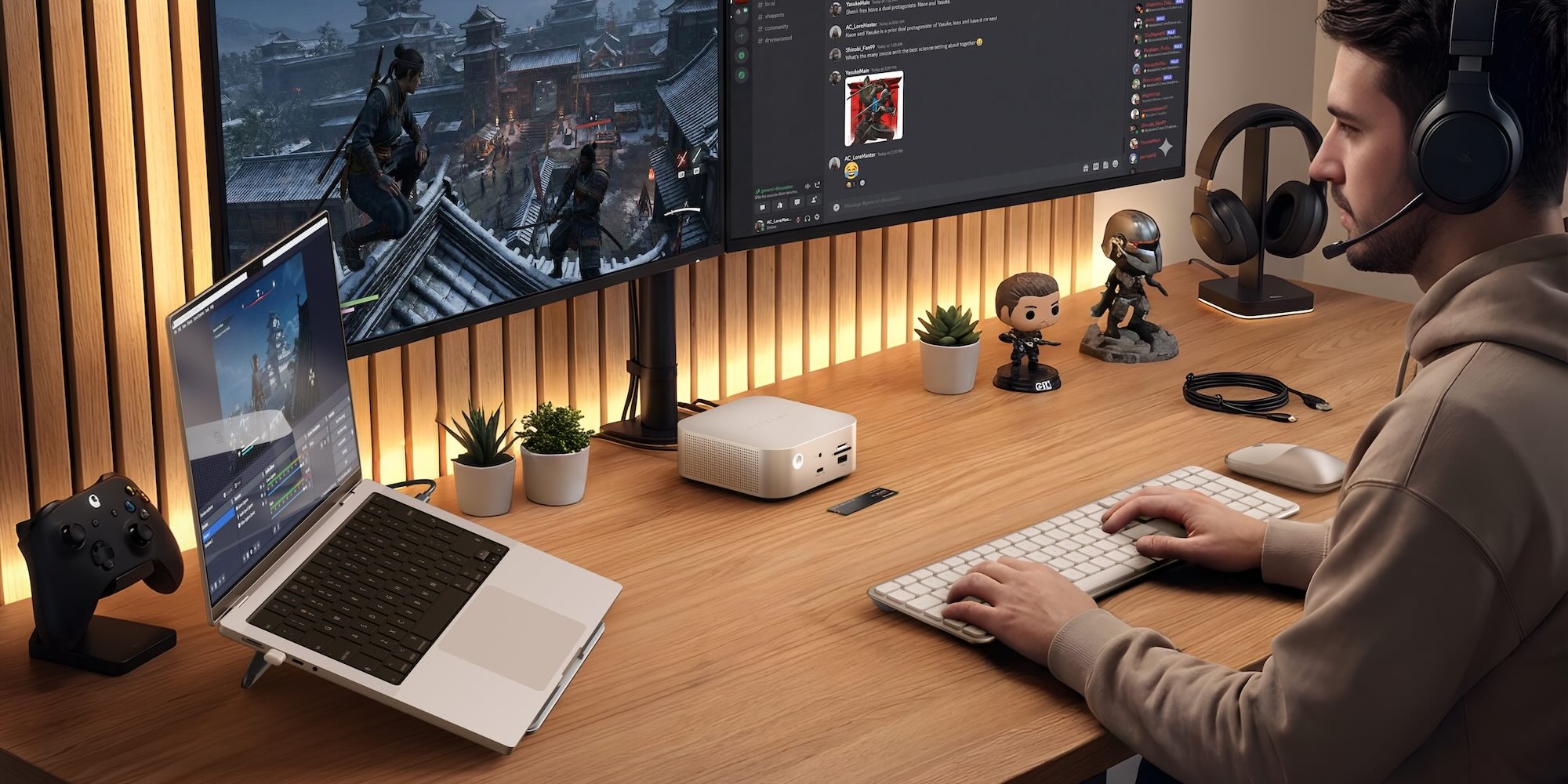 A person sitting at a desk with a computer and two monitors