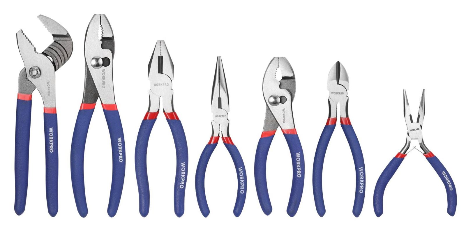 A row of pliers with blue handles