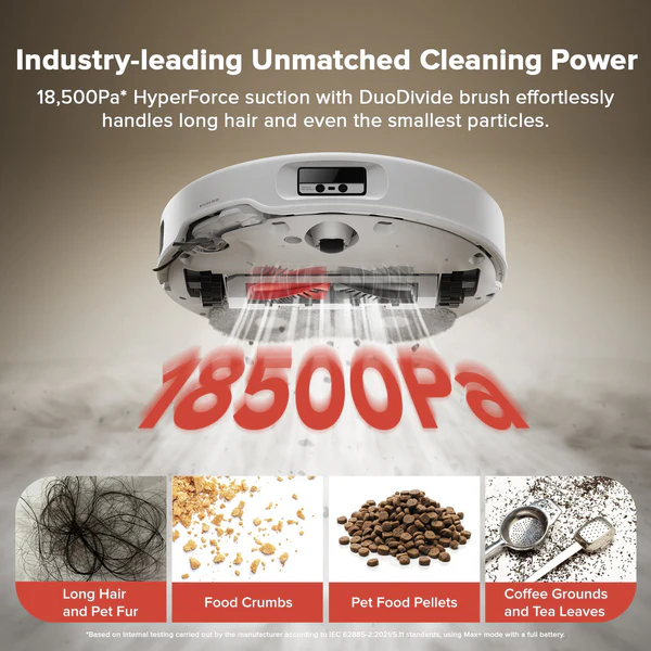 A robot vacuum cleaner with text above it