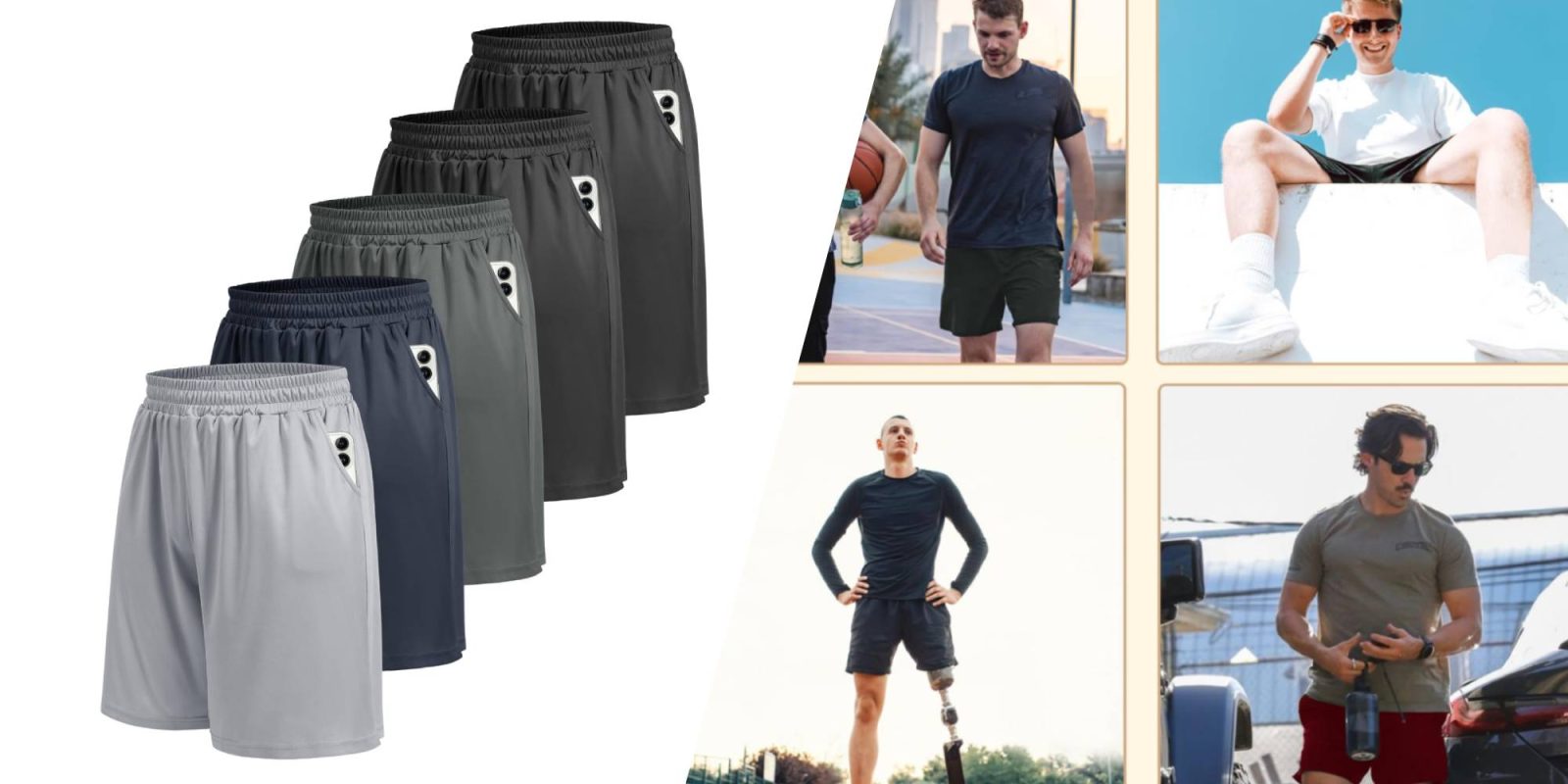 A collage of a man wearing shorts