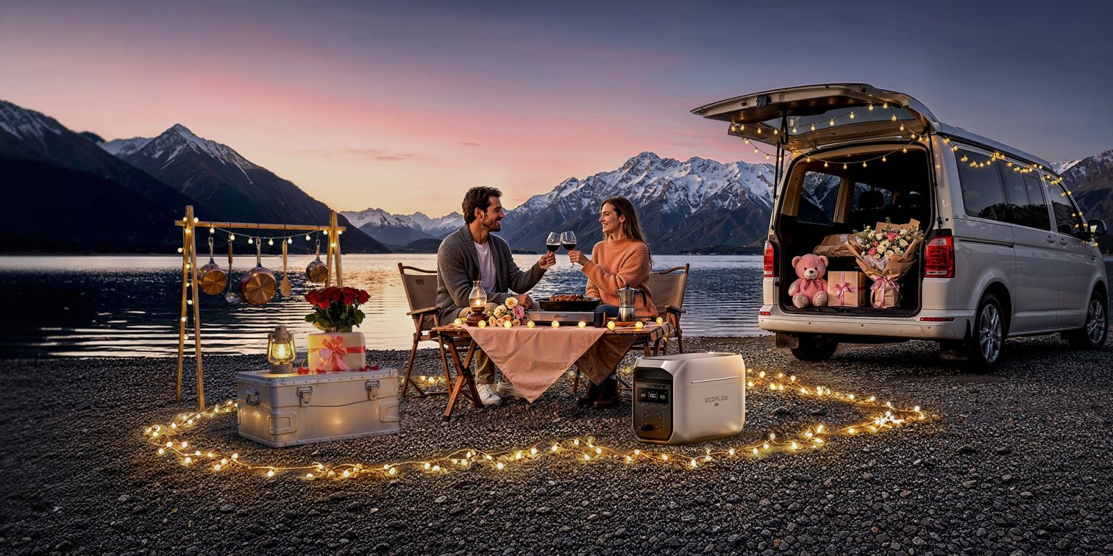 A man and woman sitting at a table with lights and a car in the background