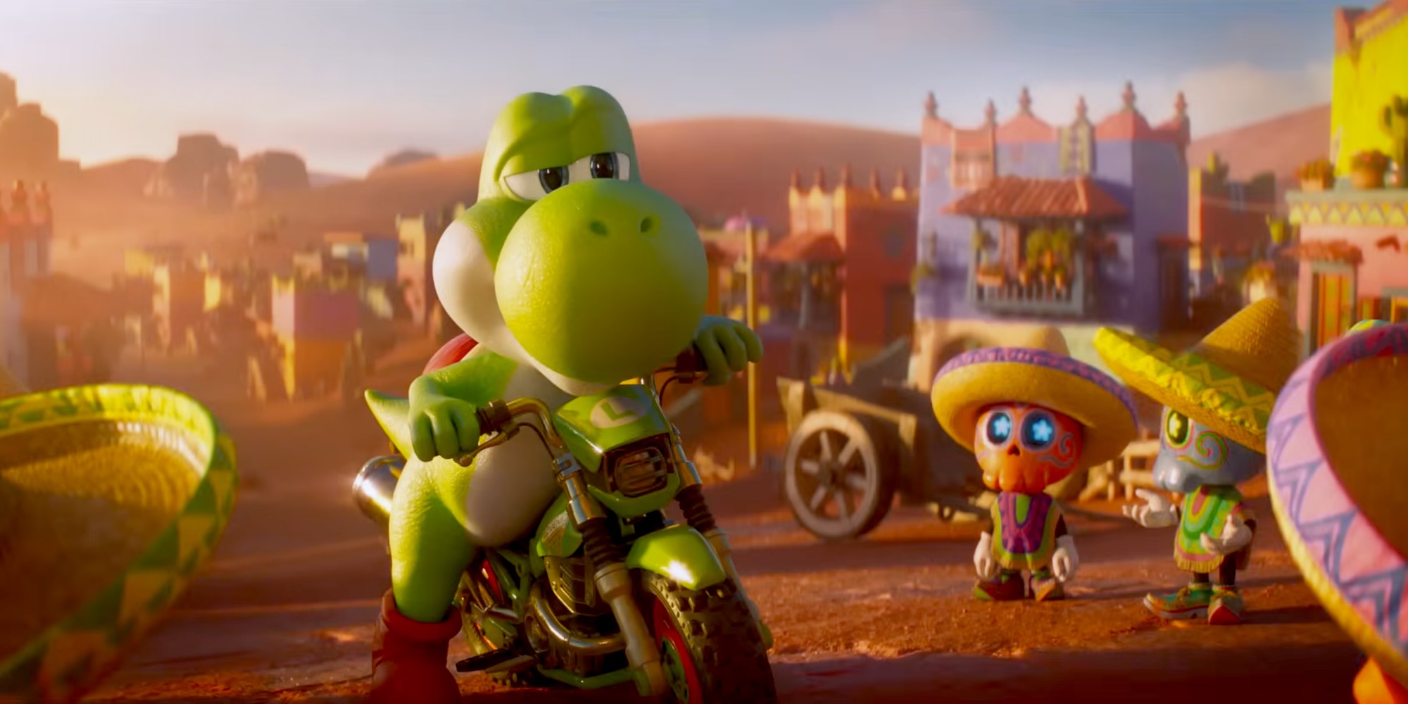 A cartoon character on a motorcycle