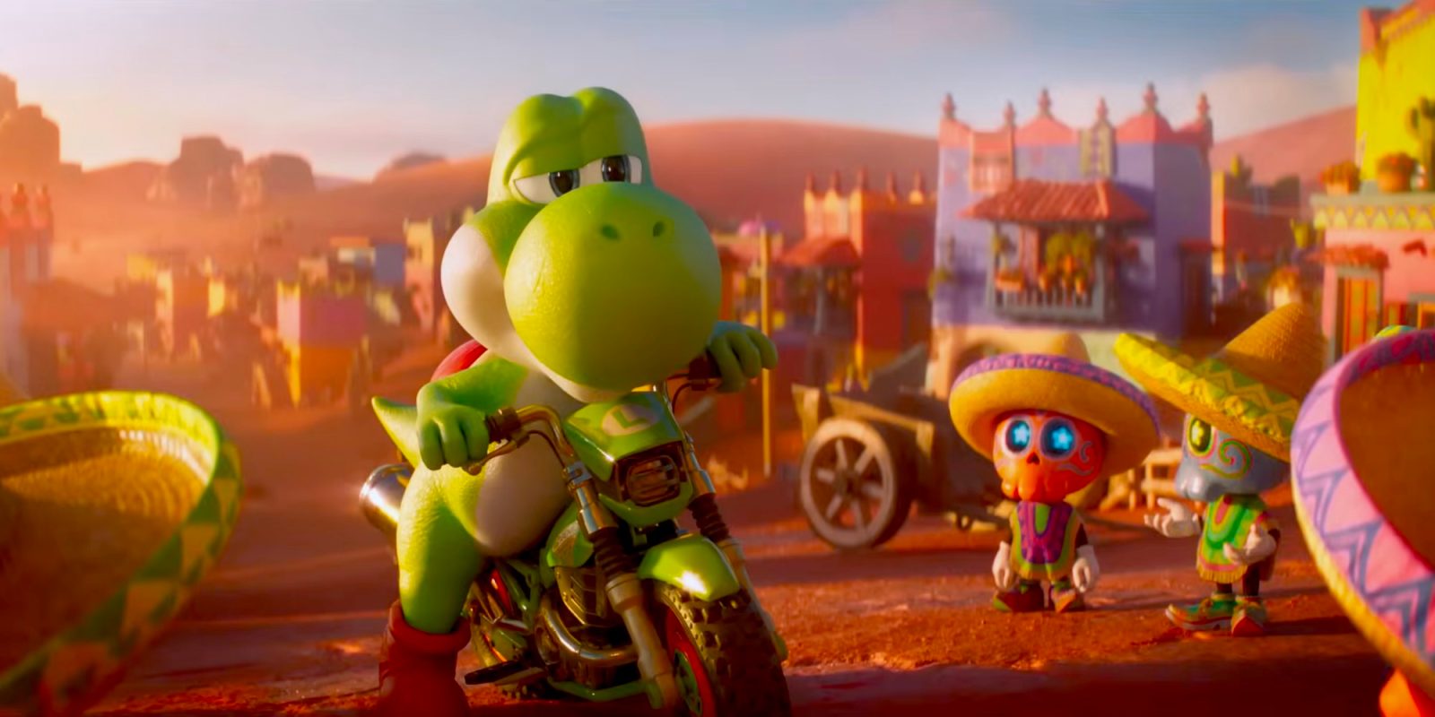 A cartoon character on a motorcycle