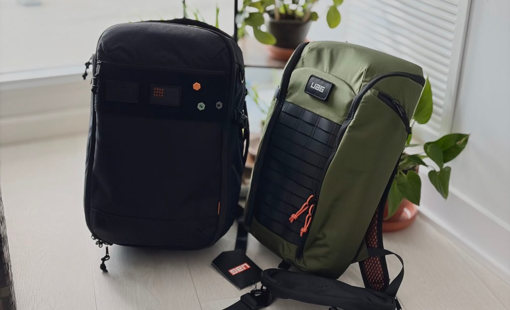 A pair of backpacks on a floor